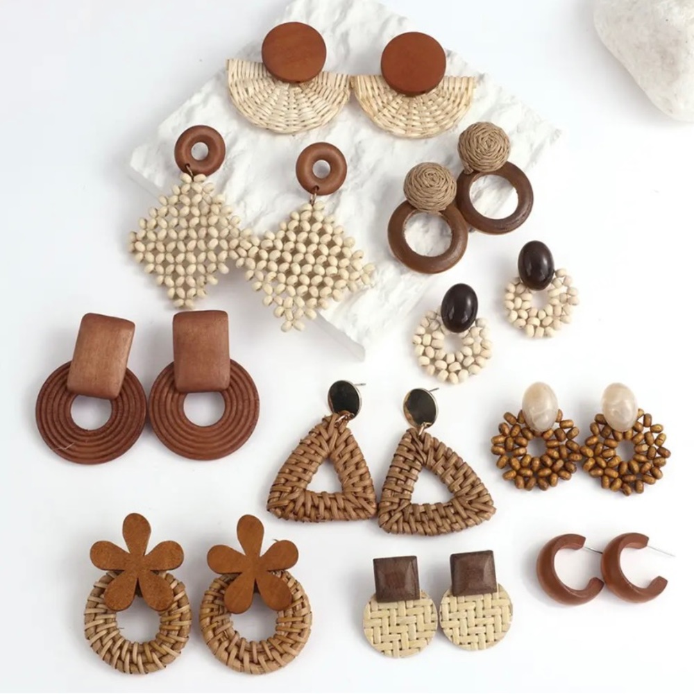 Rattan Weaved and Wooden Boho Earrings